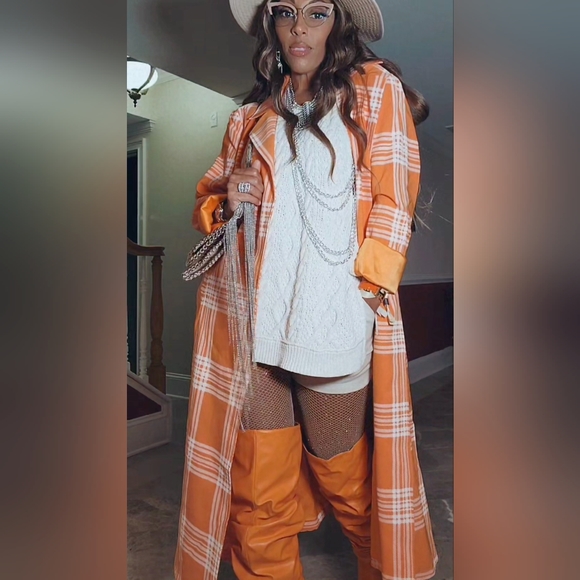 Stasia Sherberry: Orange Plaid All Season Duster Trench Coat L XL - Picture 10 of 16